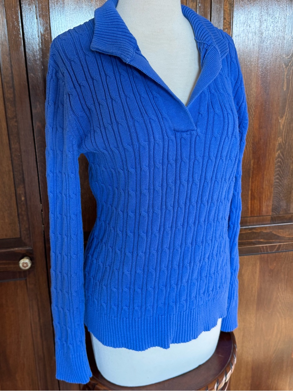 Blue Cable Knit V-Neck Polo Collar Cotton Sweater Preppy Quiet Luxury LT